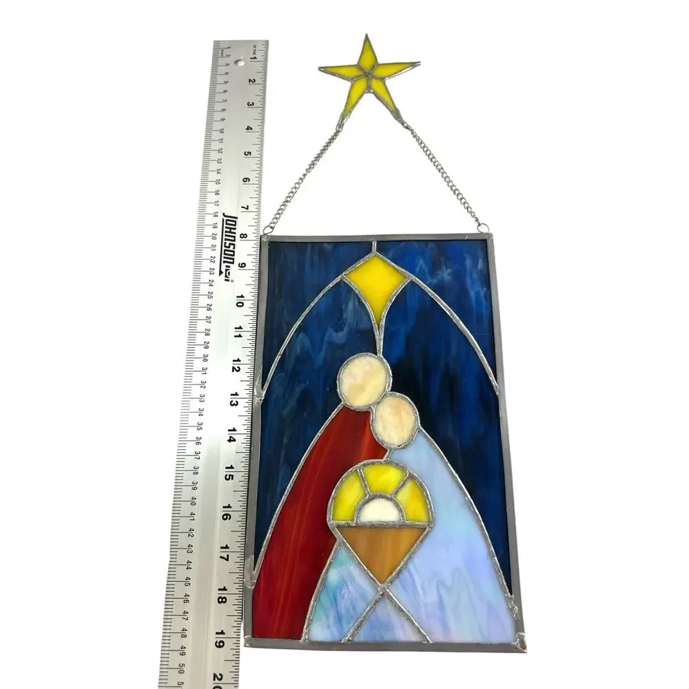 Vintage Stained Glass Nativity Suncatcher Holy Family Jesus Bethlehem Star 19”